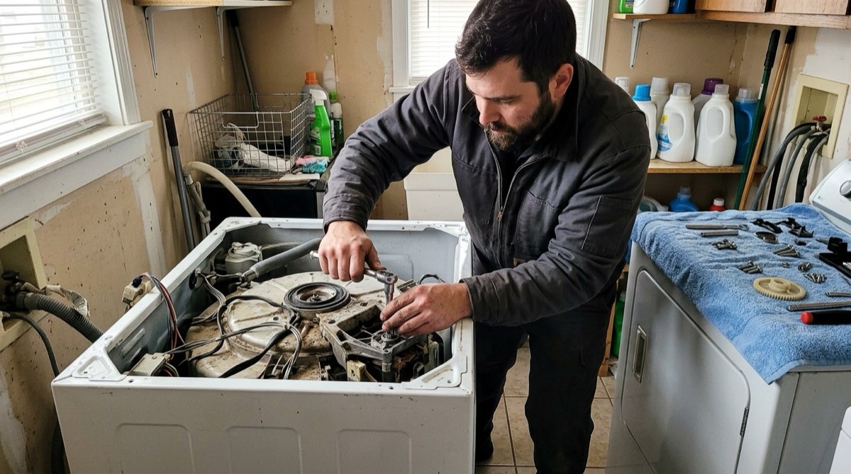 Washer repair in a home laundry room
